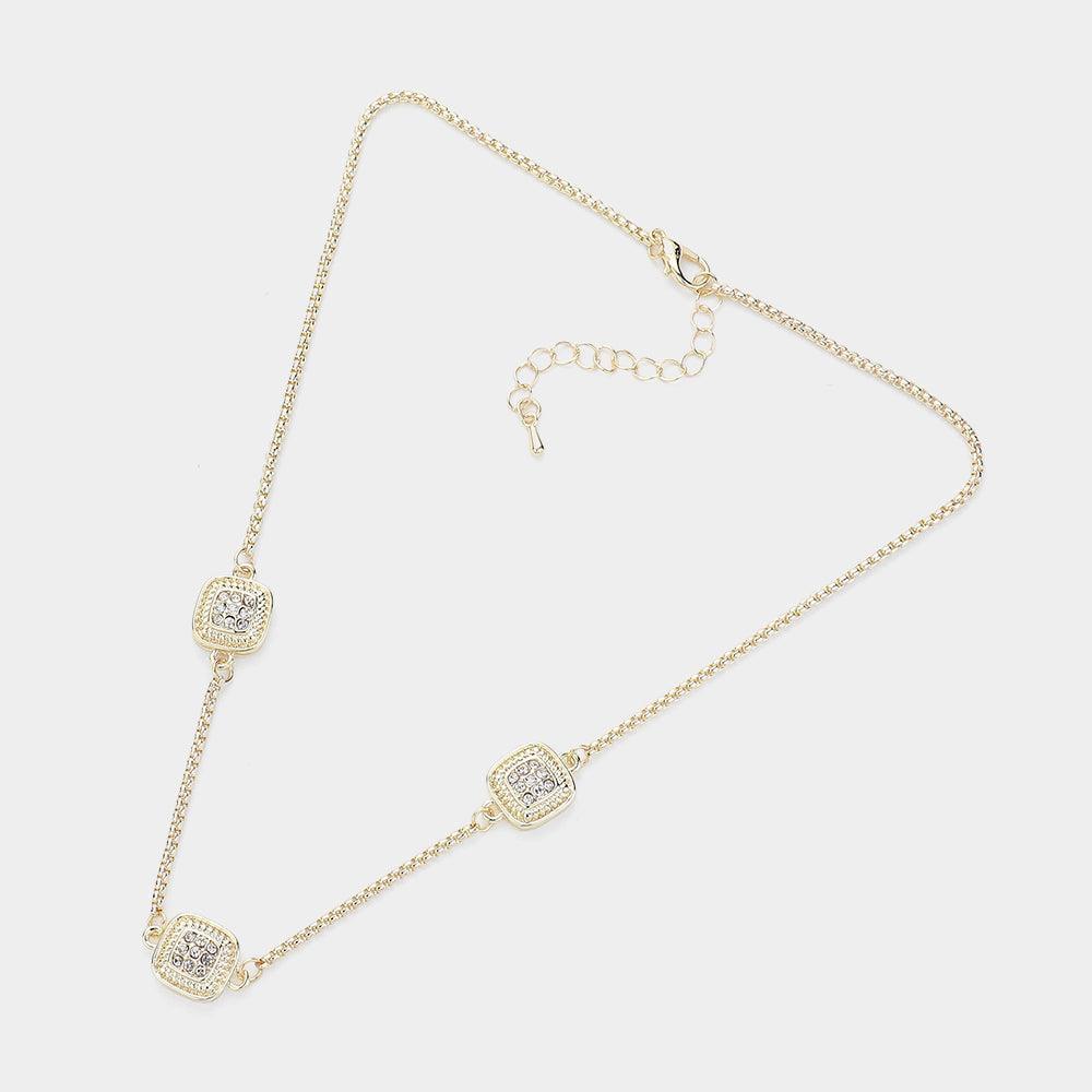 Gold 14K Gold Plated Two Tone Stone Paved Square Pendant Station Necklace - Jewelry Store by Erik Rayo