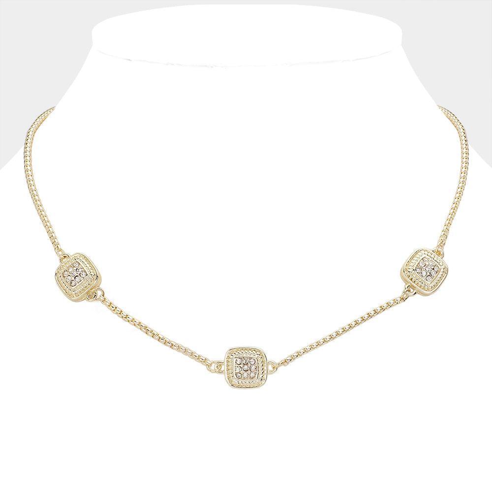 Gold 14K Gold Plated Two Tone Stone Paved Square Pendant Station Necklace - Jewelry Store by Erik Rayo