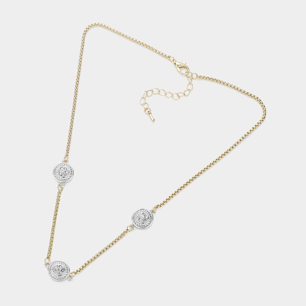 Gold 14K Gold Plated Two Tone Stone Paved Round Pendant Station Necklace - Jewelry Store by Erik Rayo
