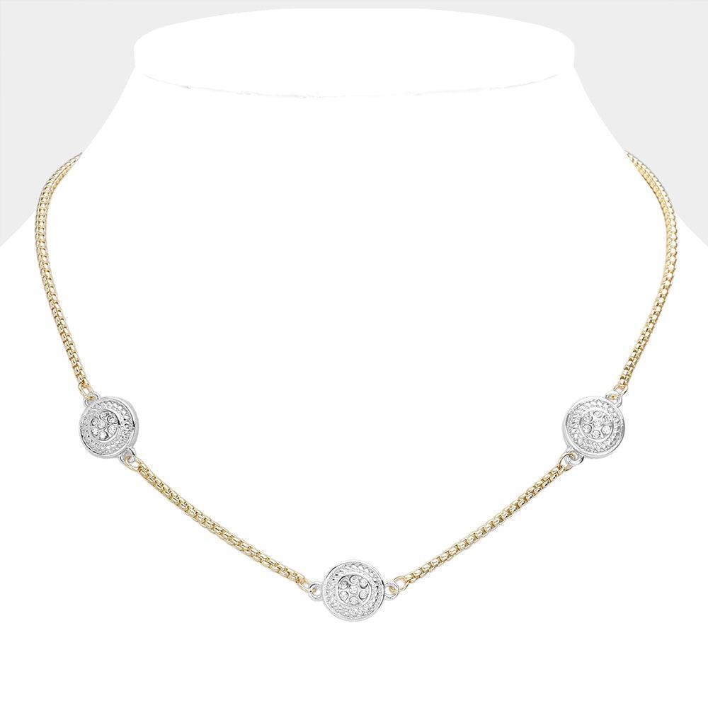Gold 14K Gold Plated Two Tone Stone Paved Round Pendant Station Necklace - Jewelry Store by Erik Rayo
