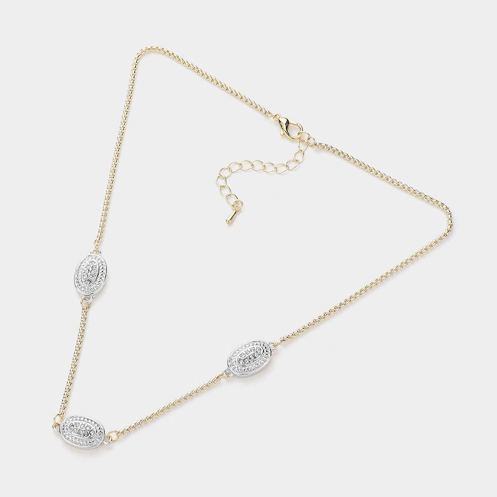 Silver 14K Gold Plated Two Tone Stone Paved Oval Pendant Station Necklace - Jewelry Store by Erik Rayo