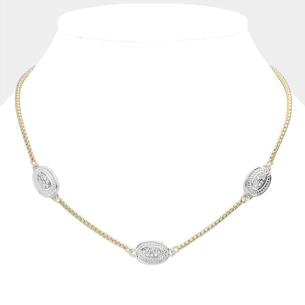 Silver 14K Gold Plated Two Tone Stone Paved Oval Pendant Station Necklace - Jewelry Store by Erik Rayo