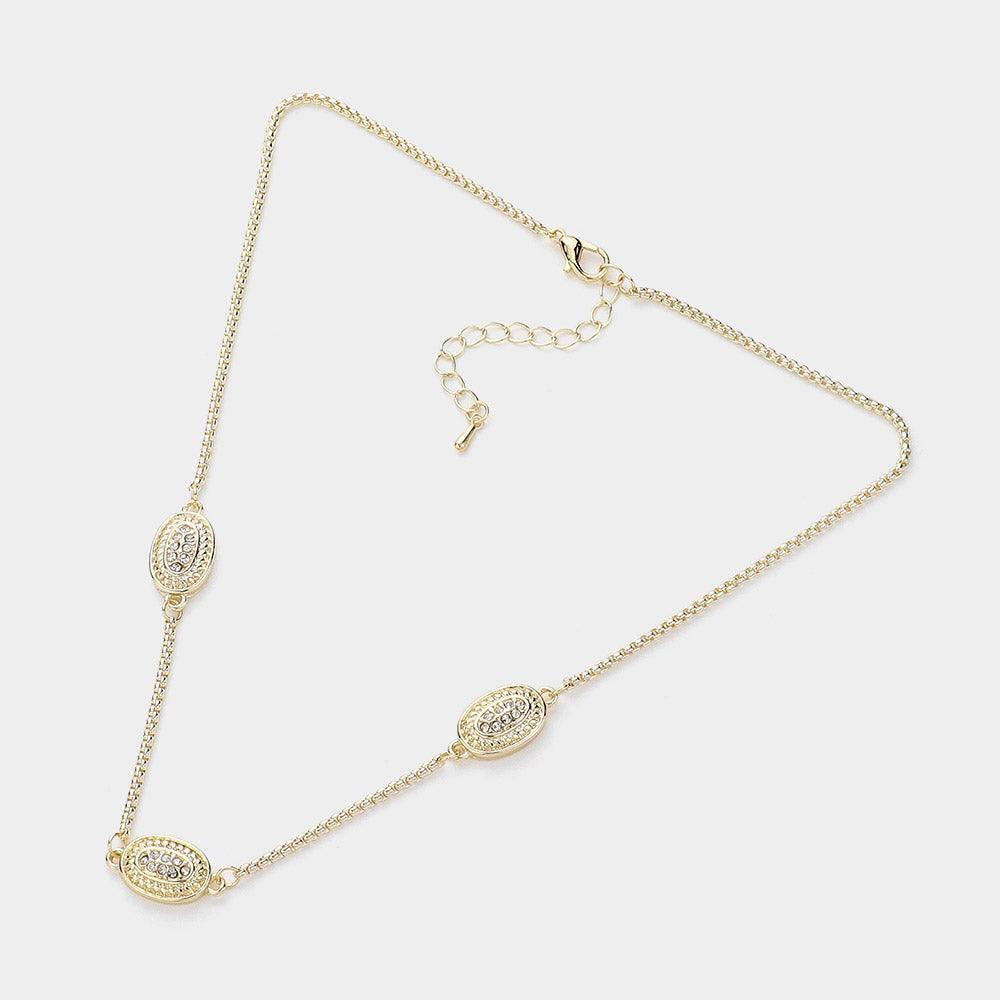 Gold 14K Gold Plated Two Tone Stone Paved Oval Pendant Station Necklace - Jewelry Store by Erik Rayo