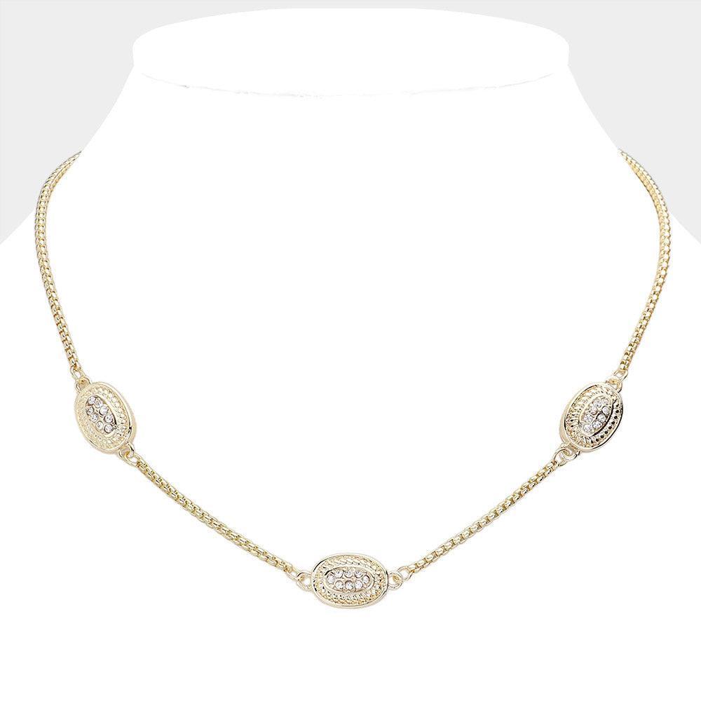 Gold 14K Gold Plated Two Tone Stone Paved Oval Pendant Station Necklace - Jewelry Store by Erik Rayo