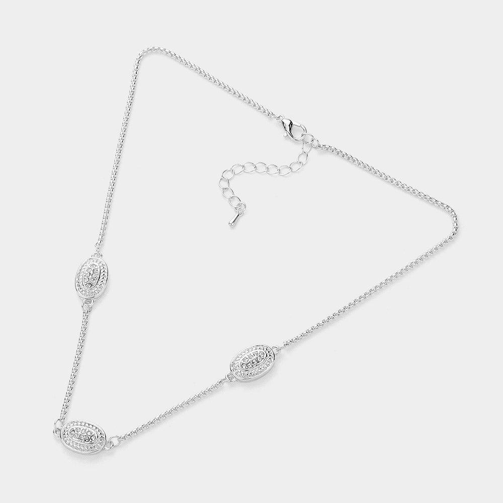 Silver 14K Gold Plated Two Tone Stone Paved Oval Pendant Station Necklace - Jewelry Store by Erik Rayo