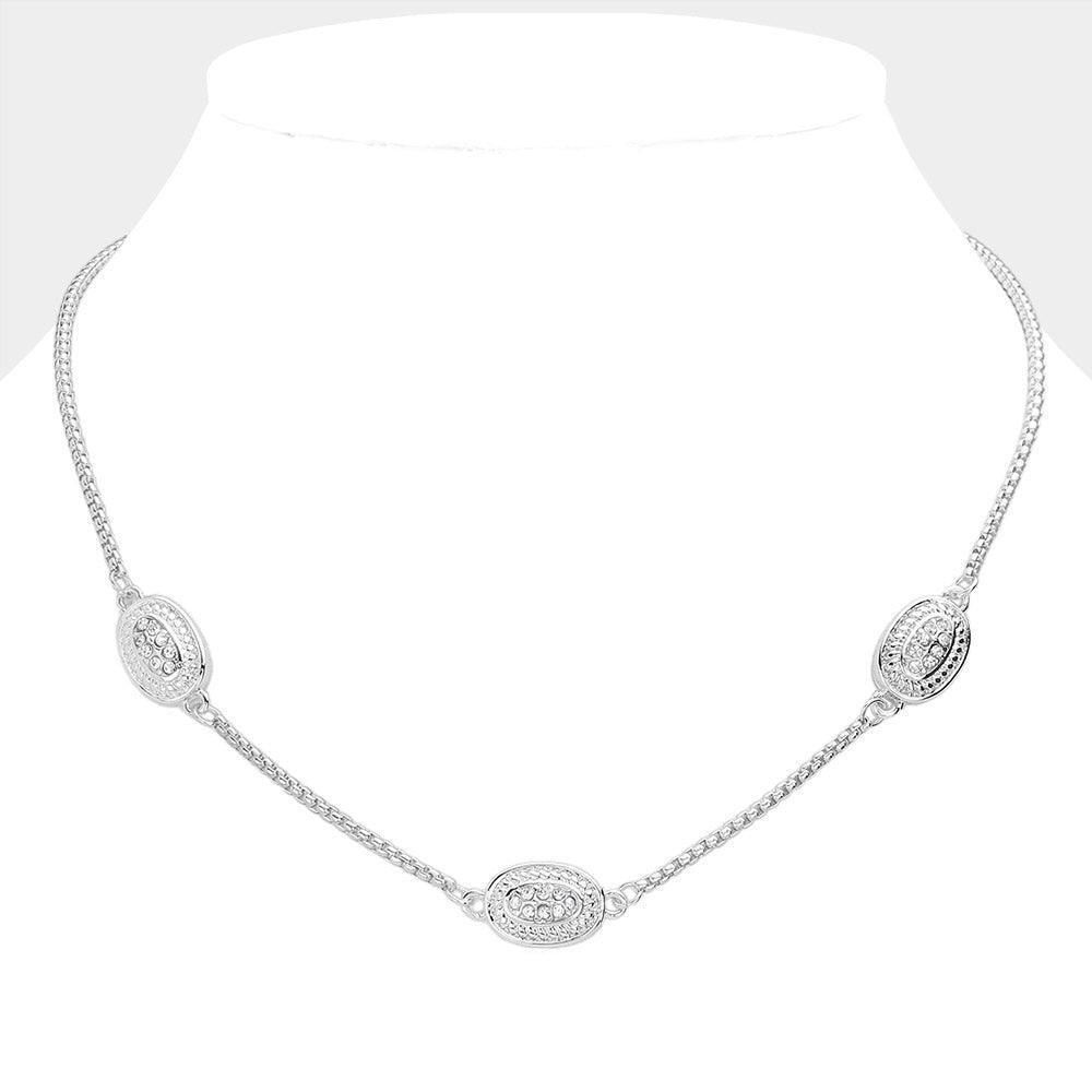 Silver 14K Gold Plated Two Tone Stone Paved Oval Pendant Station Necklace - Jewelry Store by Erik Rayo