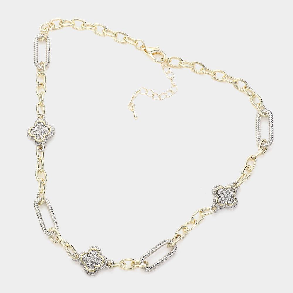 Gold 14K Gold Plated Stone Paved Quatrefoil Station Necklace - Jewelry Store by Erik Rayo