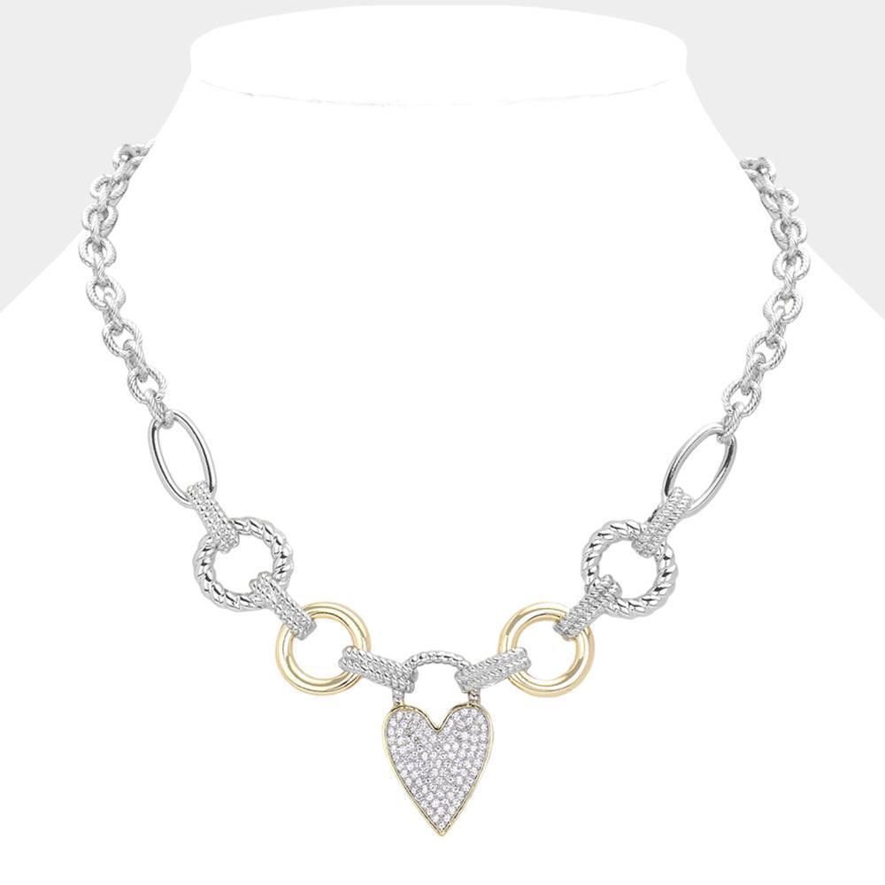 Gold 14K Gold Plated Two Tone CZ Stone Paved Heart Pendant Necklace - Jewelry Store by Erik Rayo