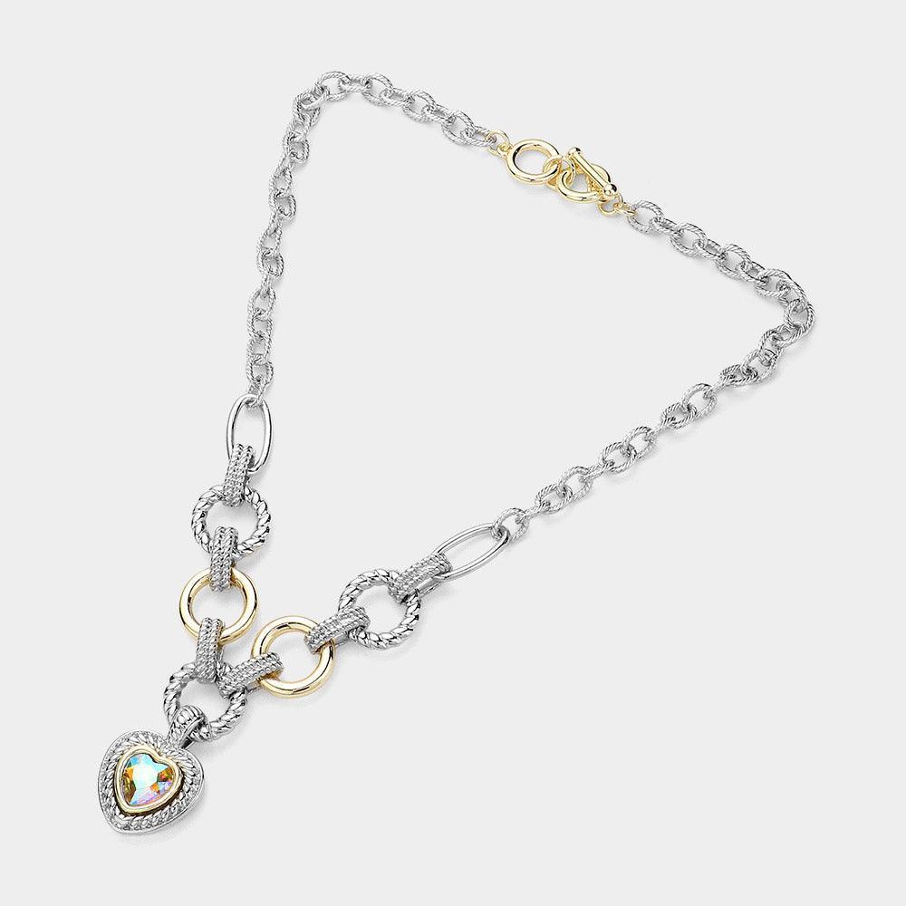 Gold Heart Stone Pointed Pendant Two Tone Textured Metal Link Toggle Necklace - Jewelry Store by Erik Rayo