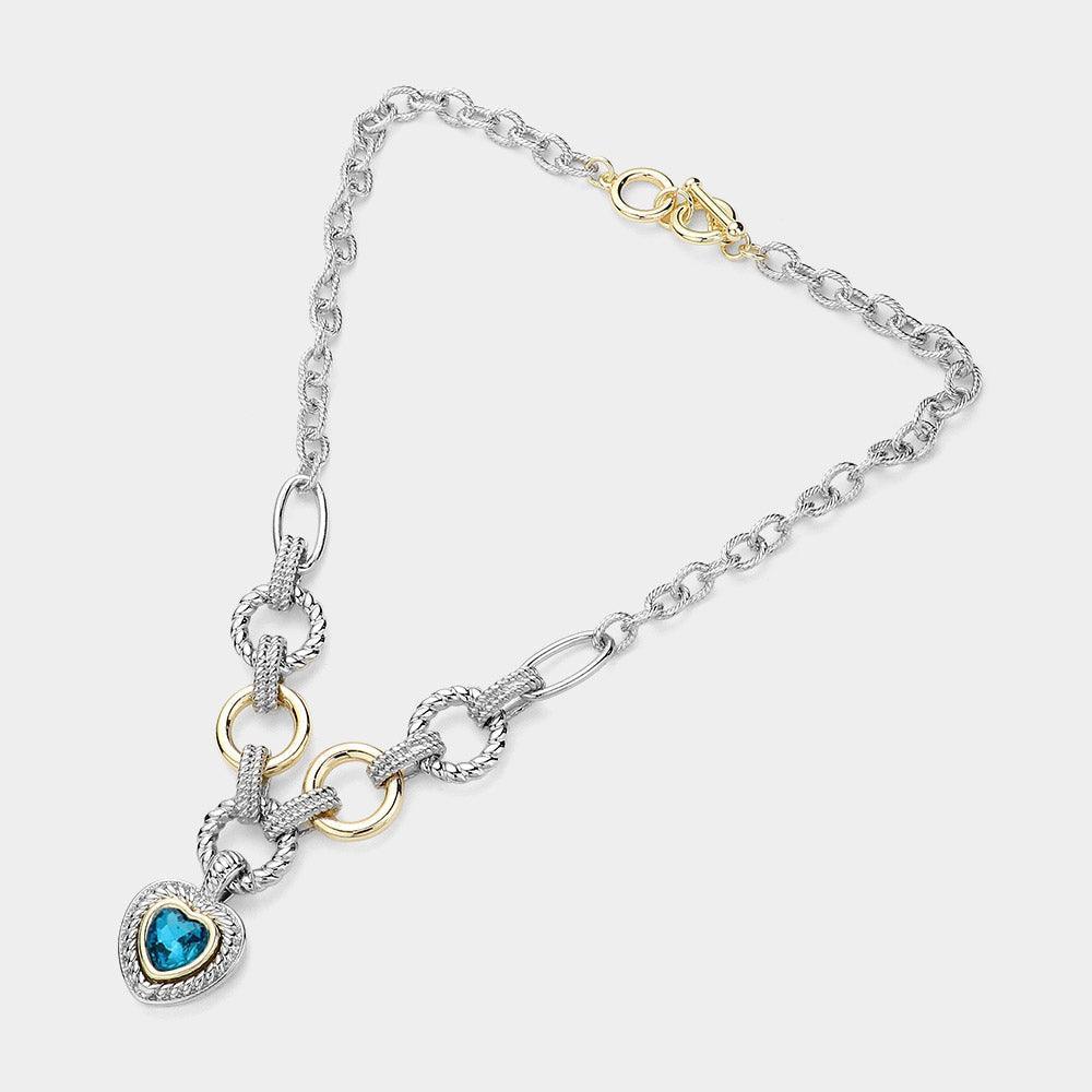 Gold Heart Stone Pointed Pendant Two Tone Textured Metal Link Toggle Necklace - Jewelry Store by Erik Rayo