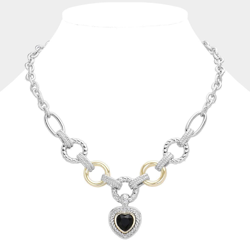 Black Heart Stone Pointed Pendant Two Tone Textured Metal Link Toggle Necklace - Jewelry Store by Erik Rayo