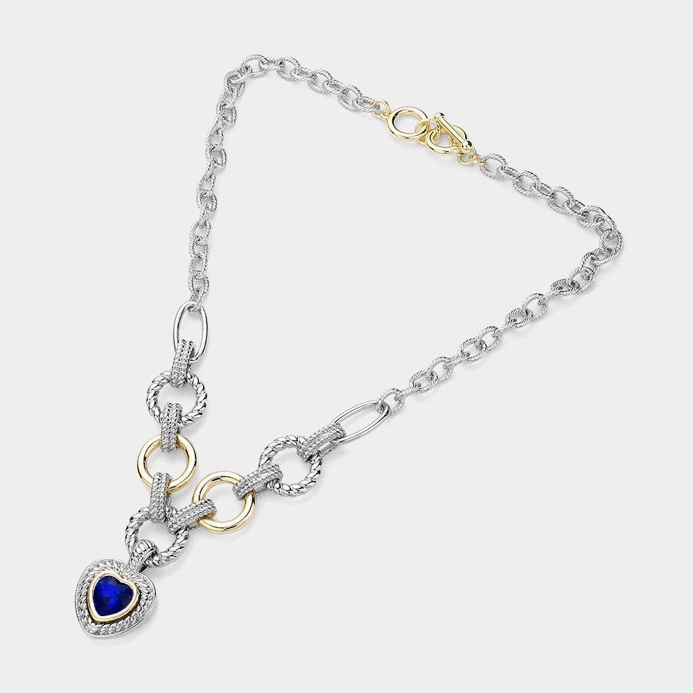 Gold Heart Stone Pointed Pendant Two Tone Textured Metal Link Toggle Necklace - Jewelry Store by Erik Rayo