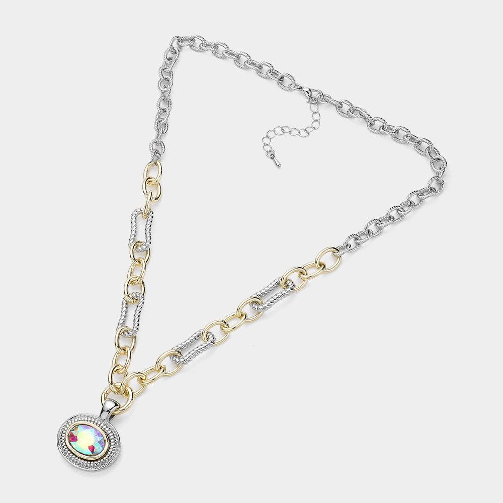 Gold Oval Stone Cluster Pendant Two Tone Chunky Chain Necklace - Jewelry Store by Erik Rayo