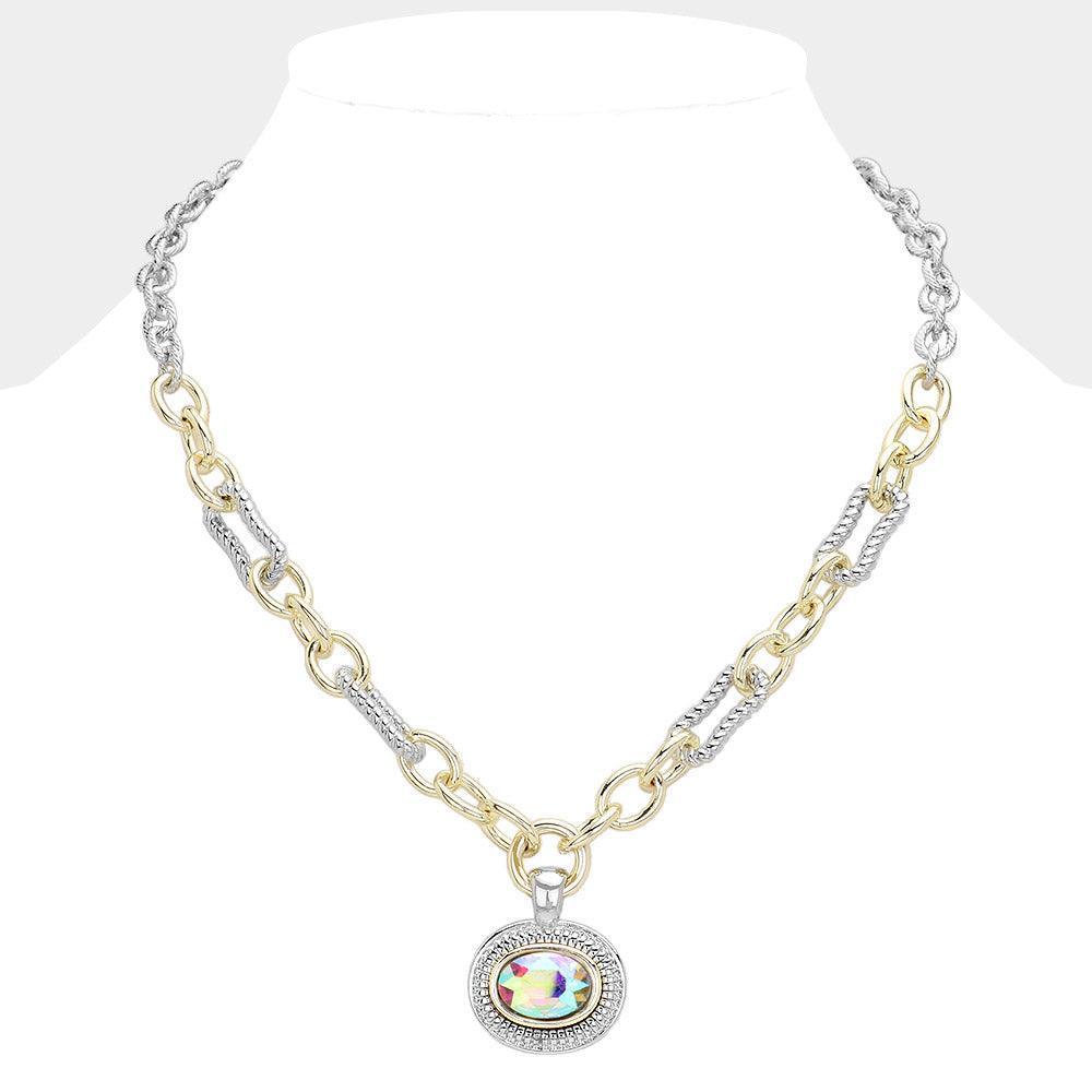 Gold Oval Stone Cluster Pendant Two Tone Chunky Chain Necklace - Jewelry Store by Erik Rayo