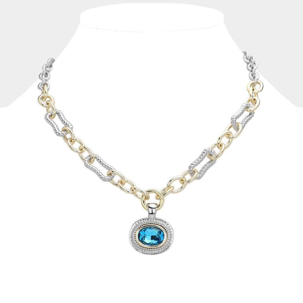 Gold Oval Stone Cluster Pendant Two Tone Chunky Chain Necklace - Jewelry Store by Erik Rayo