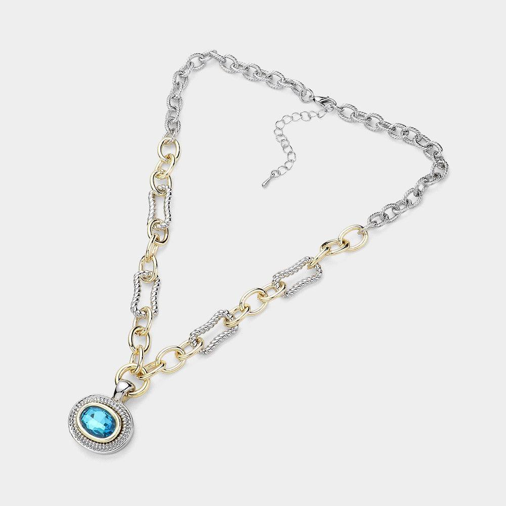 Gold Oval Stone Cluster Pendant Two Tone Chunky Chain Necklace - Jewelry Store by Erik Rayo