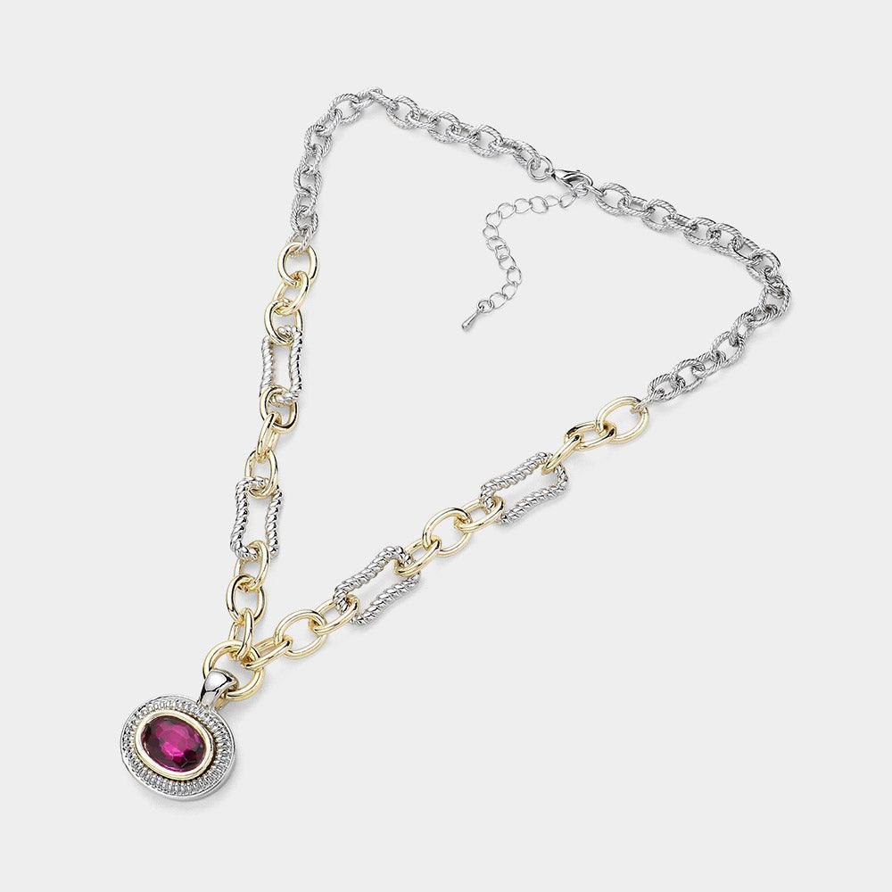 Amethyst Oval Stone Cluster Pendant Two Tone Chunky Chain Necklace - Jewelry Store by Erik Rayo