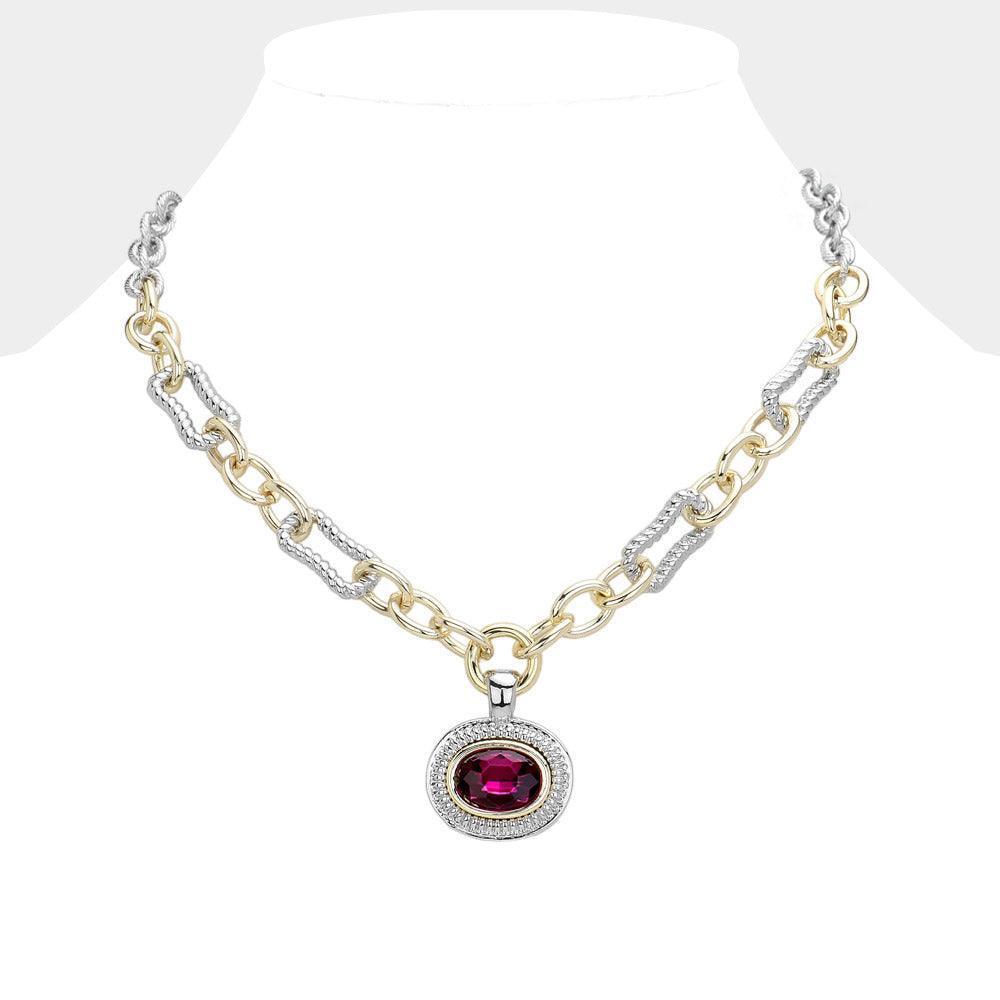 Amethyst Oval Stone Cluster Pendant Two Tone Chunky Chain Necklace - Jewelry Store by Erik Rayo