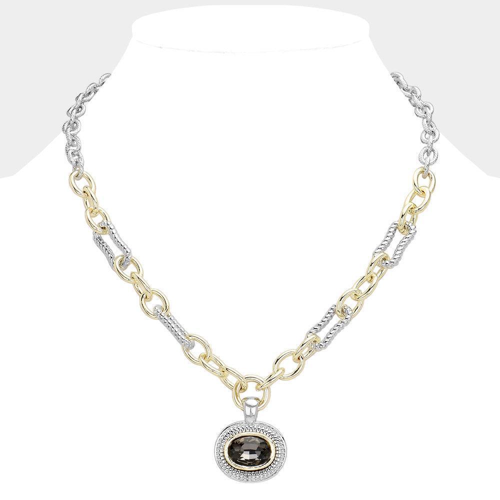 Black Oval Stone Cluster Pendant Two Tone Chunky Chain Necklace - Jewelry Store by Erik Rayo