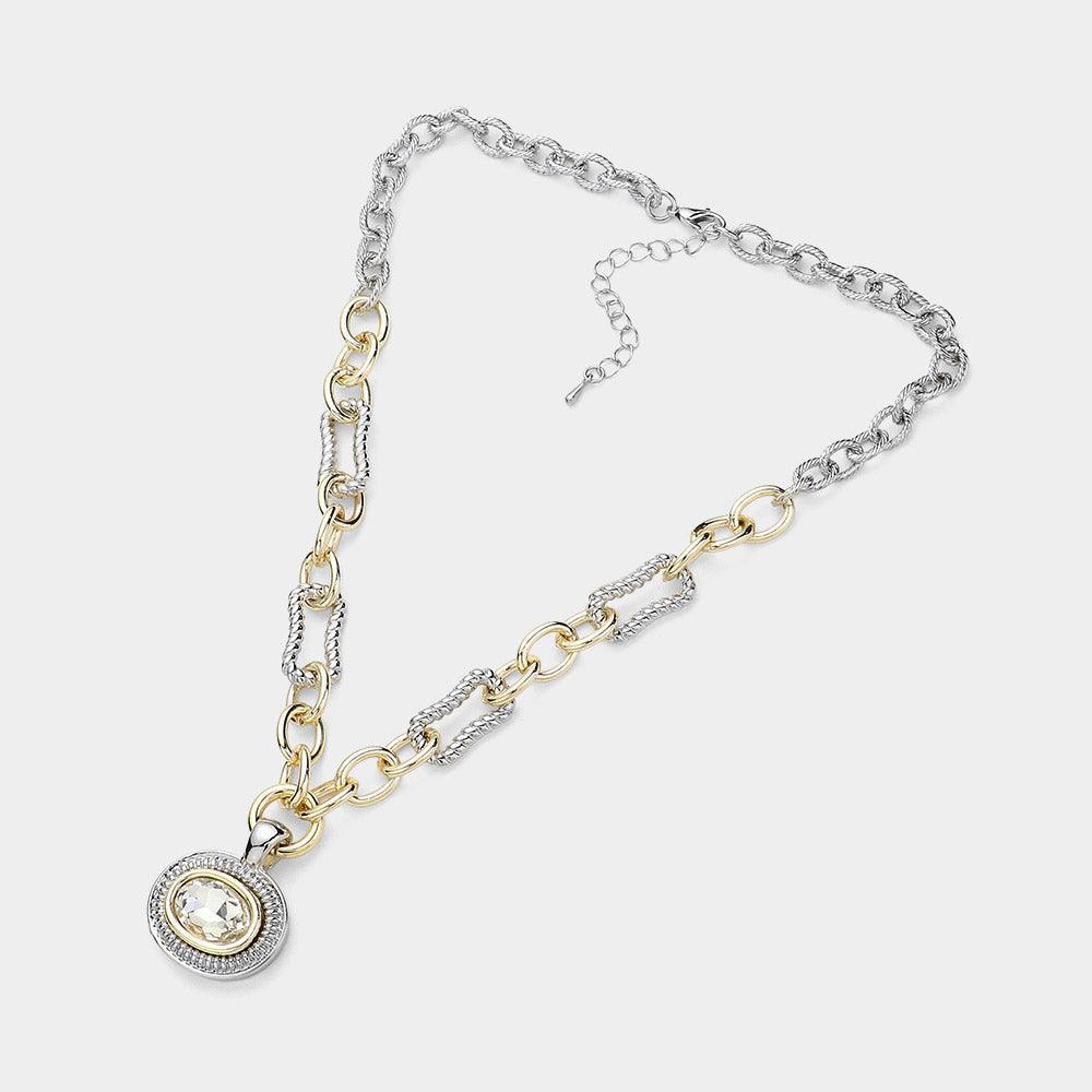 Clear Oval Stone Cluster Pendant Two Tone Chunky Chain Necklace - Jewelry Store by Erik Rayo