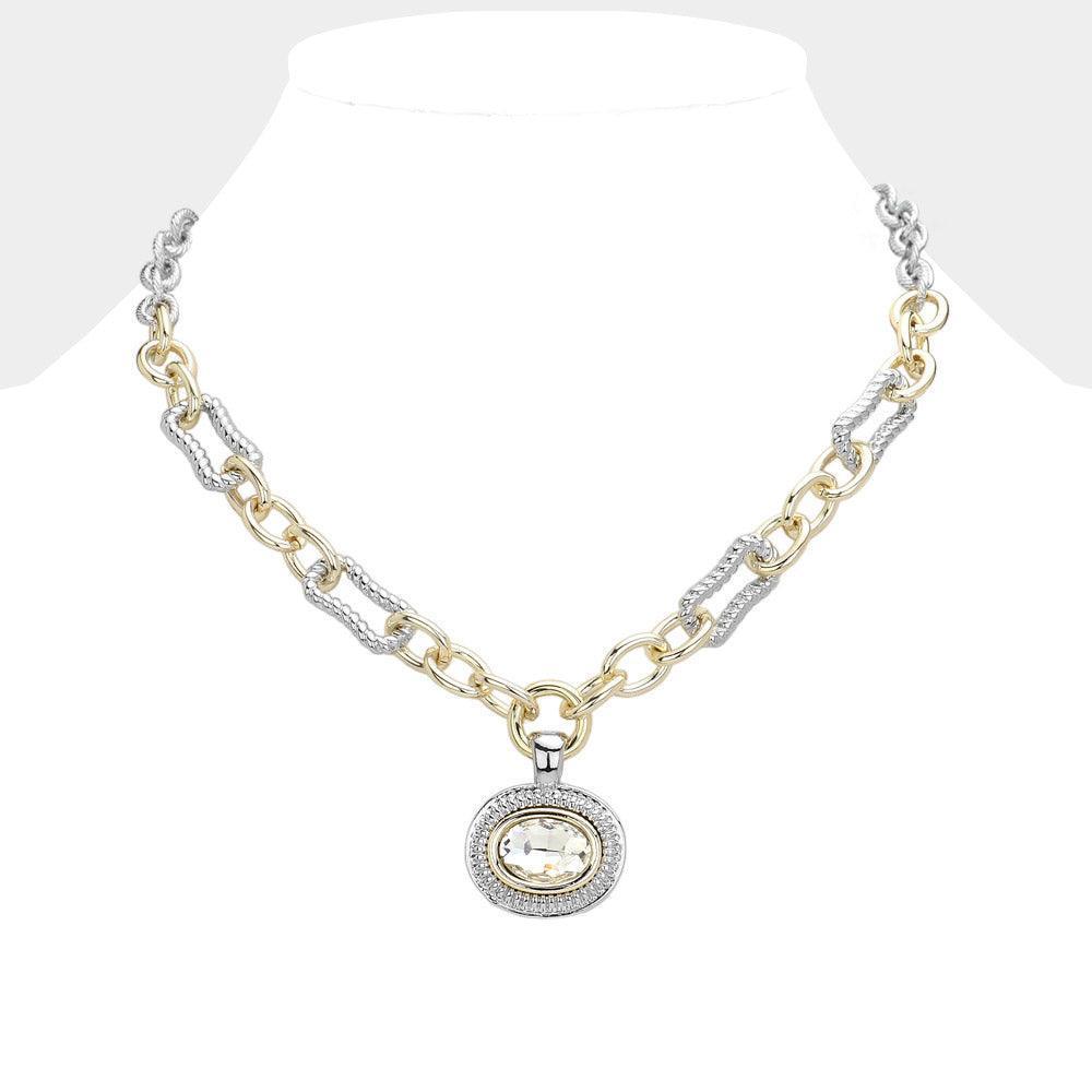Clear Oval Stone Cluster Pendant Two Tone Chunky Chain Necklace - Jewelry Store by Erik Rayo