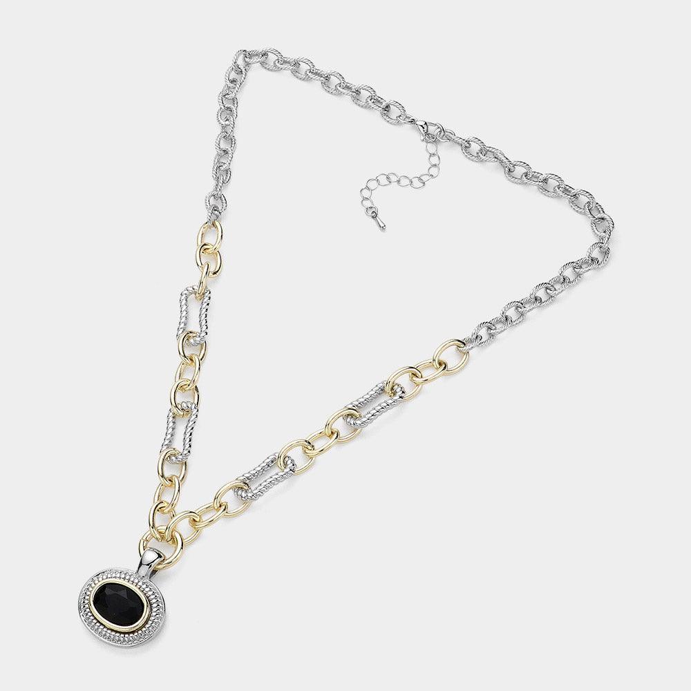 Black Oval Stone Cluster Pendant Two Tone Chunky Chain Necklace - Jewelry Store by Erik Rayo