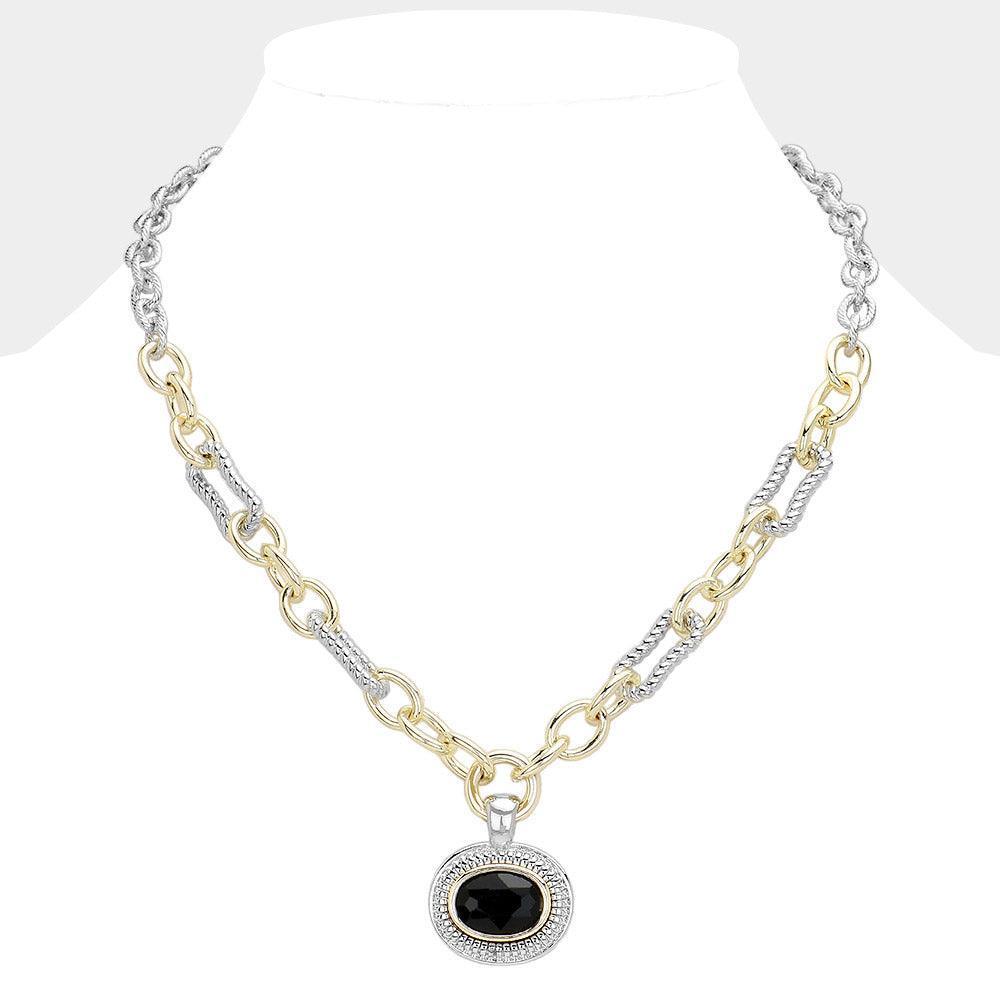 Black Oval Stone Cluster Pendant Two Tone Chunky Chain Necklace - Jewelry Store by Erik Rayo