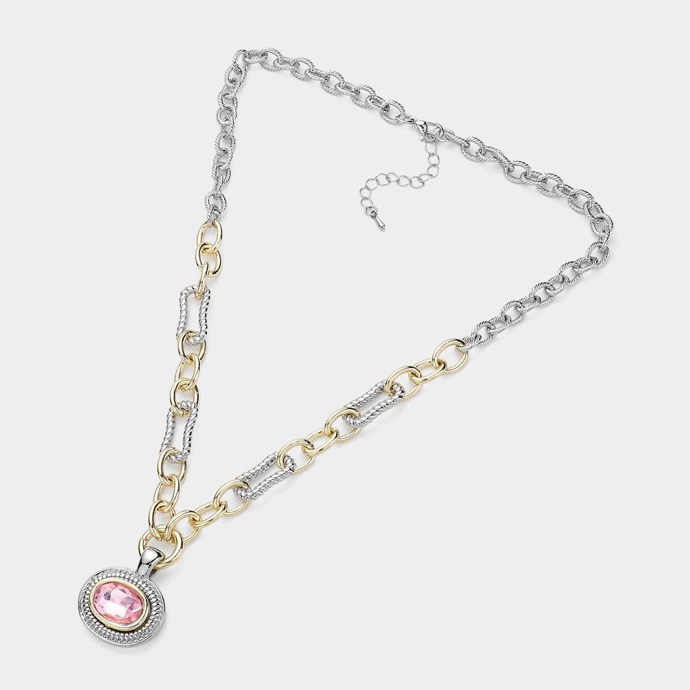 Pink Oval Stone Cluster Pendant Two Tone Chunky Chain Necklace - Jewelry Store by Erik Rayo
