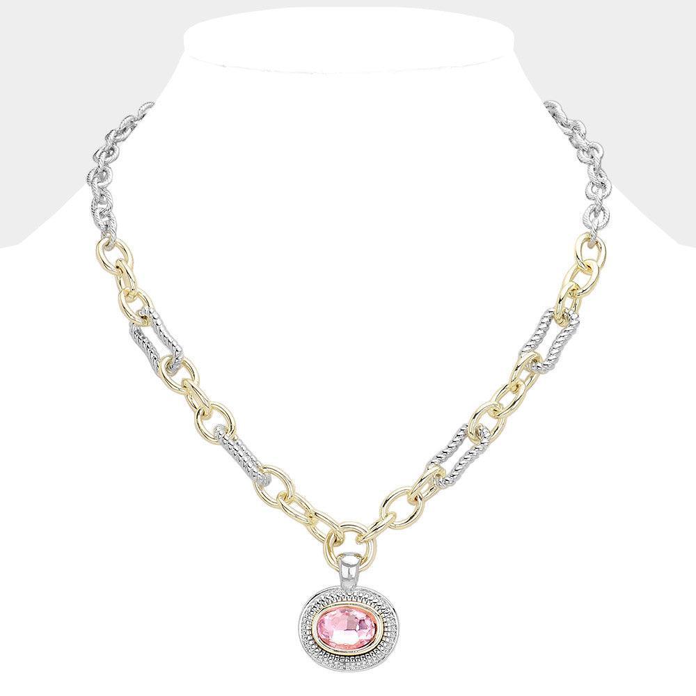 Pink Oval Stone Cluster Pendant Two Tone Chunky Chain Necklace - Jewelry Store by Erik Rayo