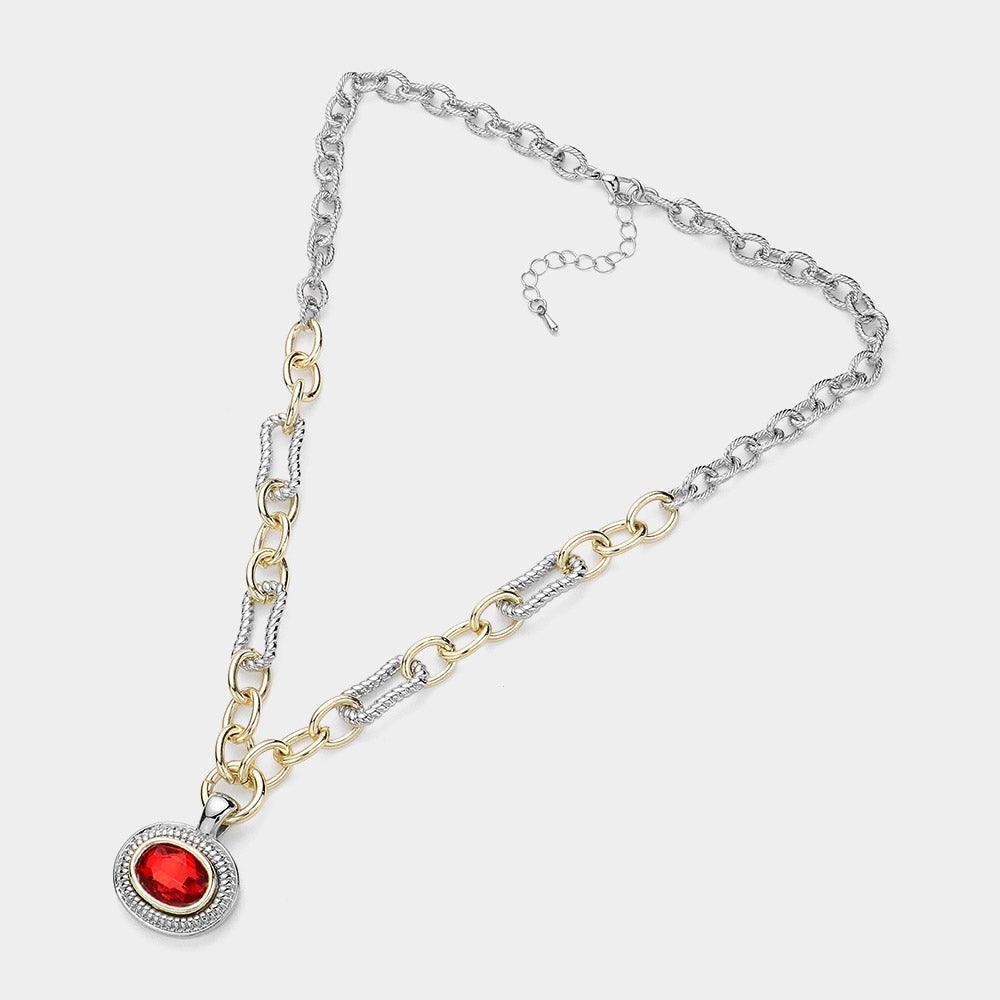 Red Oval Stone Cluster Pendant Two Tone Chunky Chain Necklace - Jewelry Store by Erik Rayo