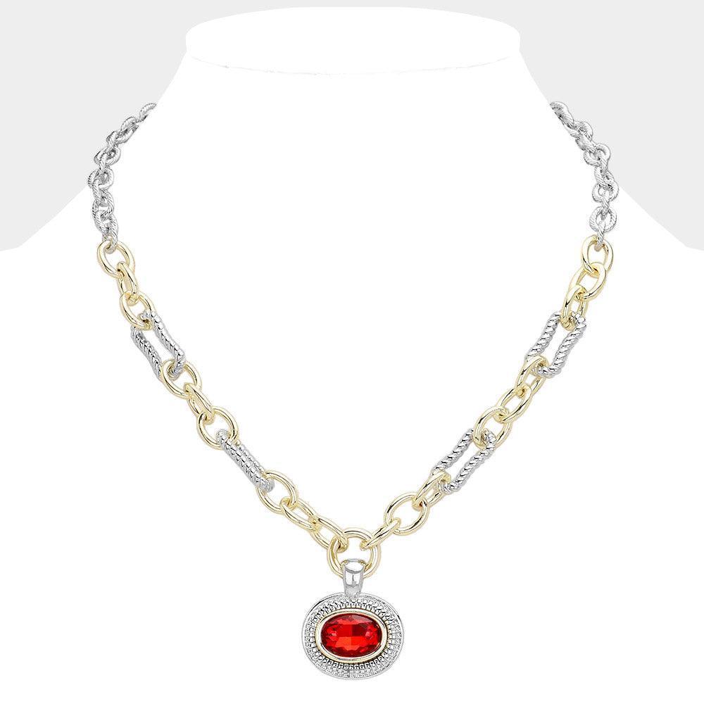 Red Oval Stone Cluster Pendant Two Tone Chunky Chain Necklace - Jewelry Store by Erik Rayo