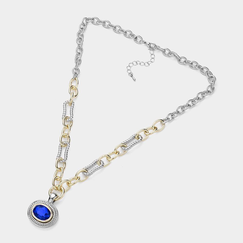 Gold Oval Stone Cluster Pendant Two Tone Chunky Chain Necklace - Jewelry Store by Erik Rayo