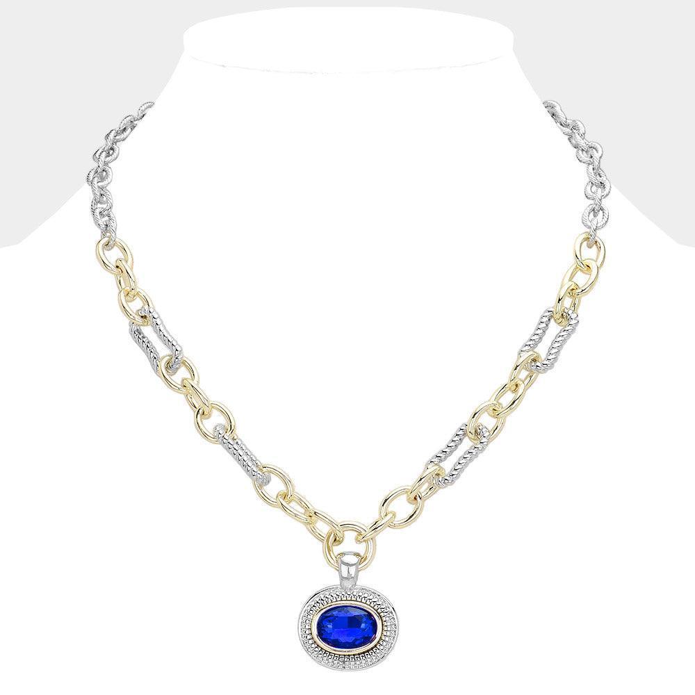 Gold Oval Stone Cluster Pendant Two Tone Chunky Chain Necklace - Jewelry Store by Erik Rayo