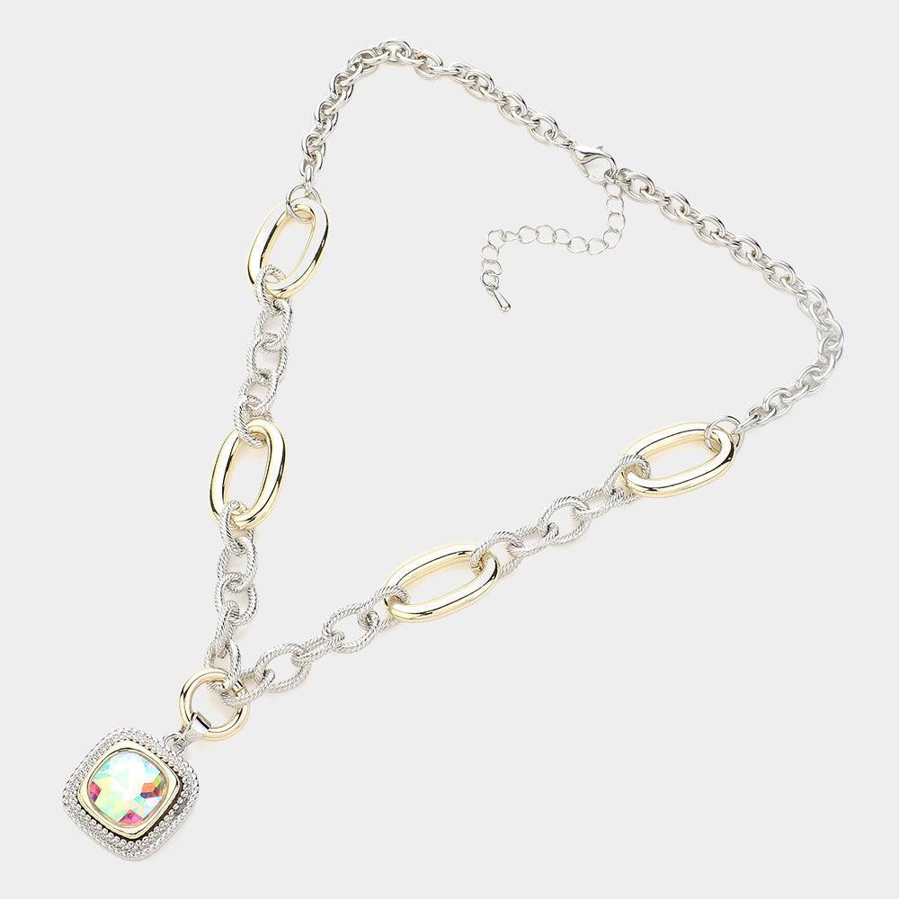 Gold 14K Gold Plated Textured Two Tone Metal Link Square Stone Pointed Pendant Necklace - Jewelry Store by Erik Rayo