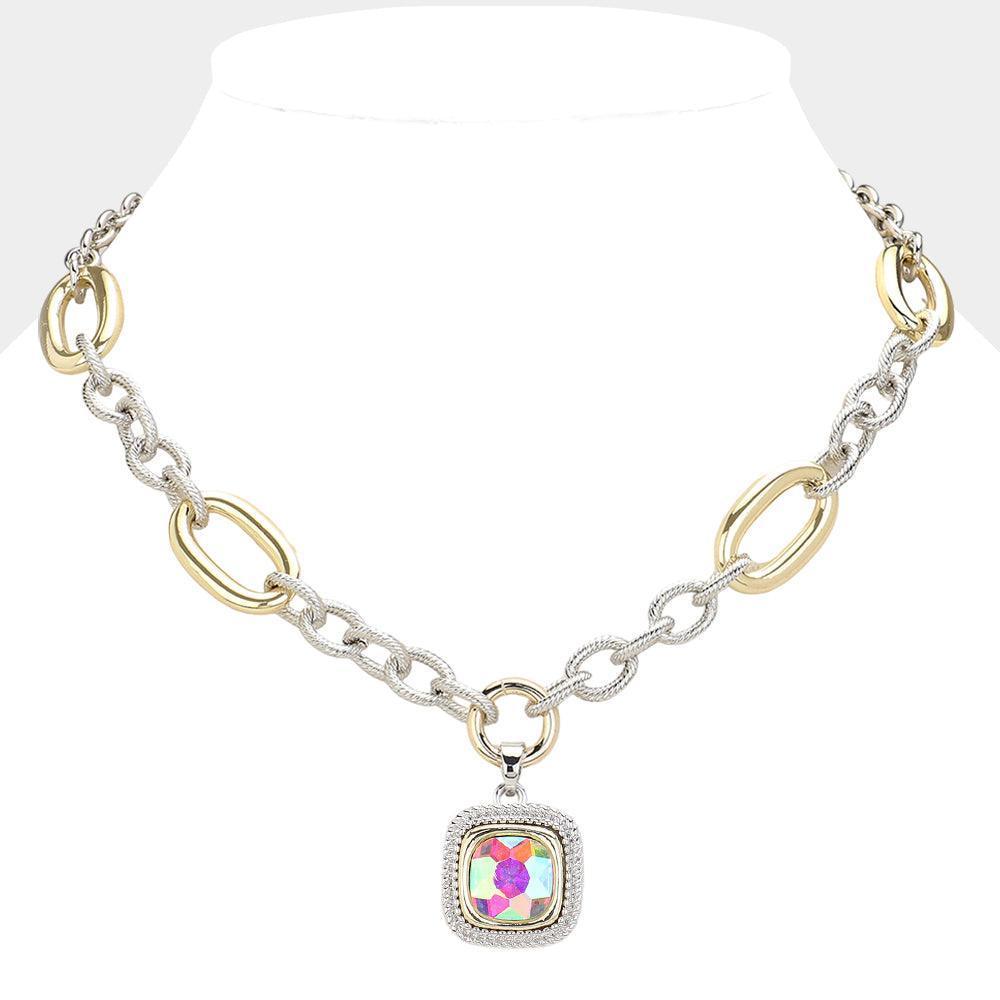 Gold 14K Gold Plated Textured Two Tone Metal Link Square Stone Pointed Pendant Necklace - Jewelry Store by Erik Rayo