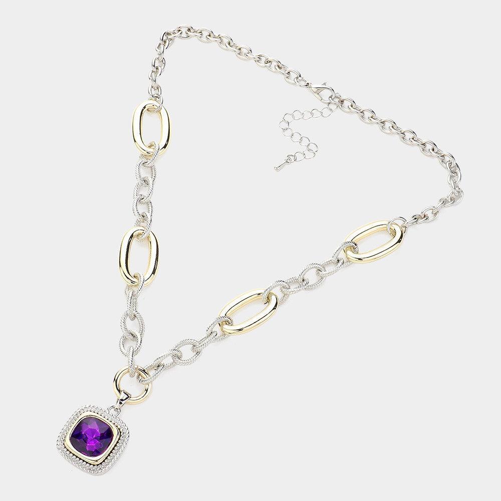 Amethyst 14K Gold Plated Textured Two Tone Metal Link Square Stone Pointed Pendant Necklace - Jewelry Store by Erik Rayo