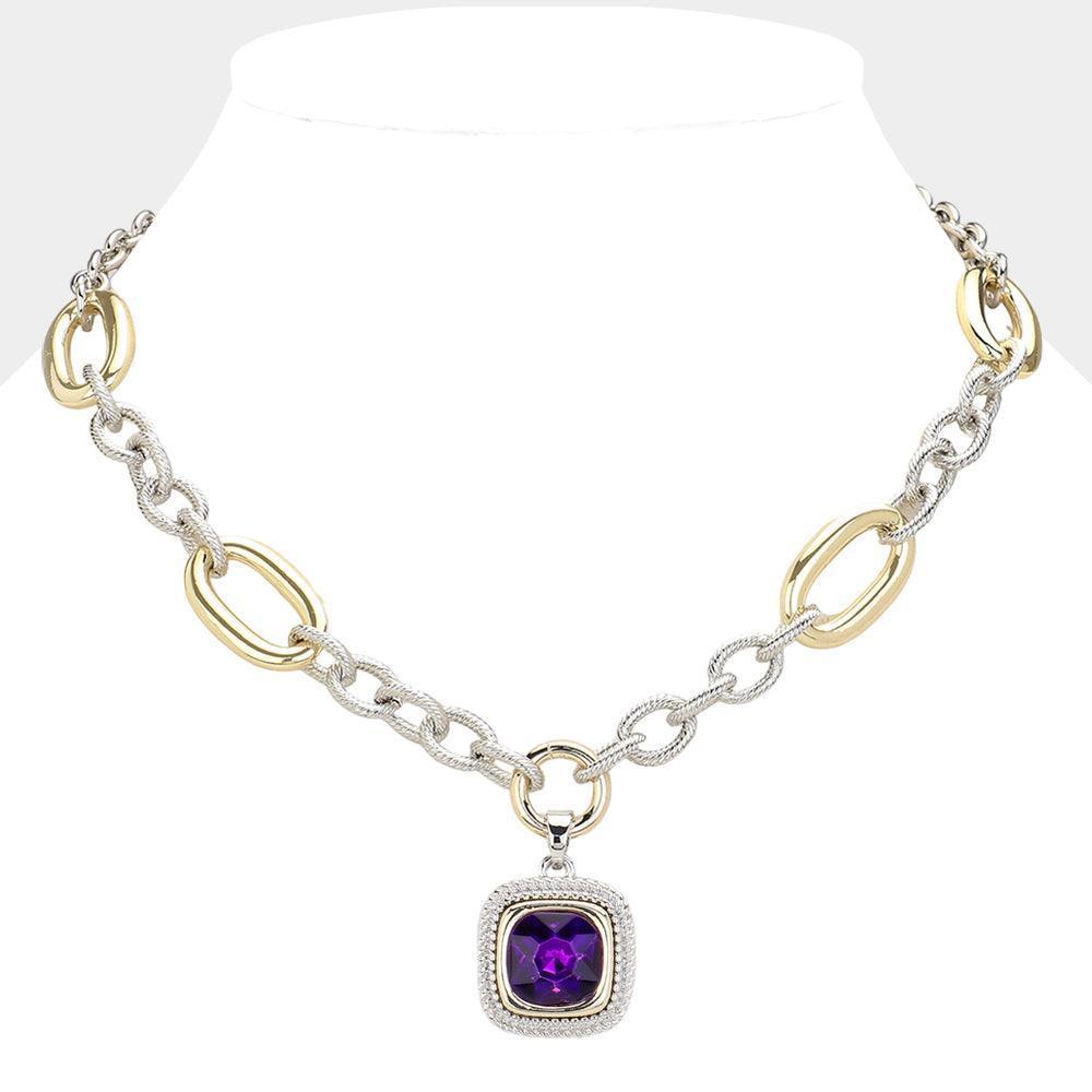 Amethyst 14K Gold Plated Textured Two Tone Metal Link Square Stone Pointed Pendant Necklace - Jewelry Store by Erik Rayo
