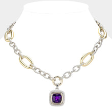 Load image into Gallery viewer, Amethyst 14K Gold Plated Textured Two Tone Metal Link Square Stone Pointed Pendant Necklace
