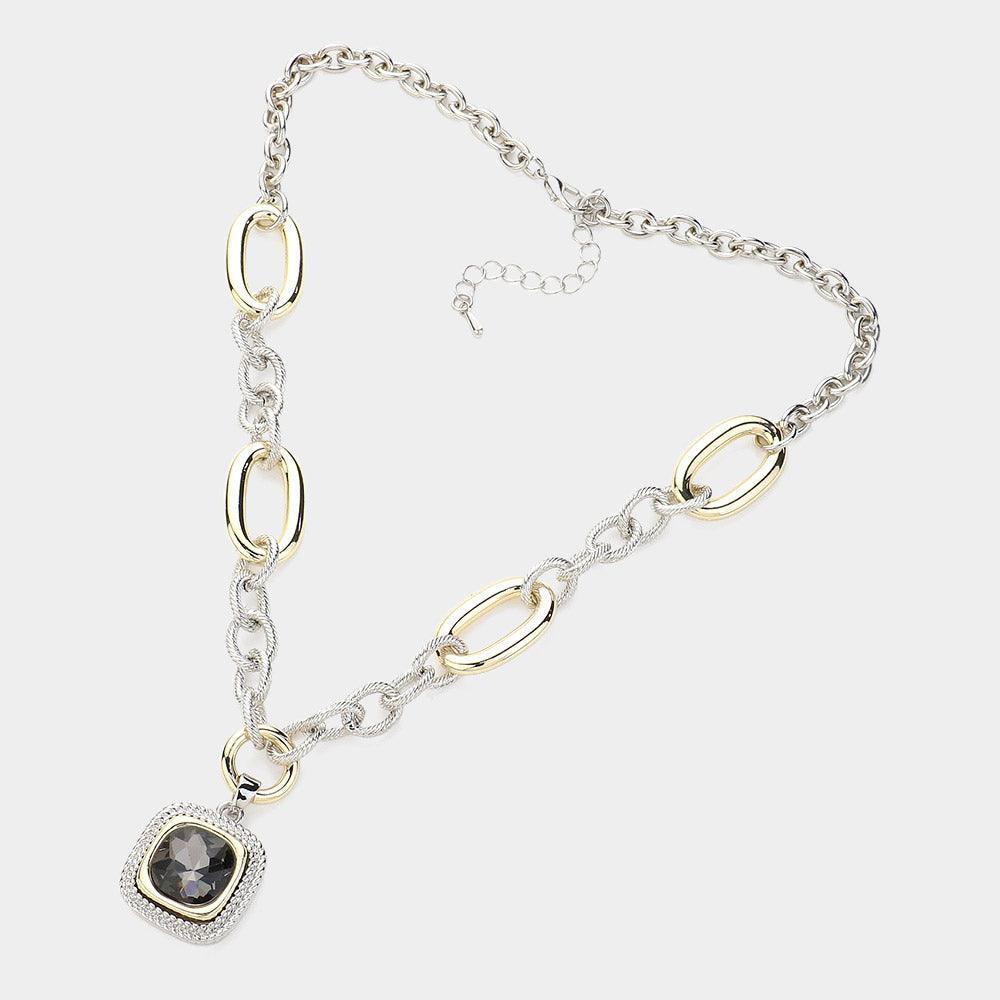 Black 14K Gold Plated Textured Two Tone Metal Link Square Stone Pointed Pendant Necklace - Jewelry Store by Erik Rayo