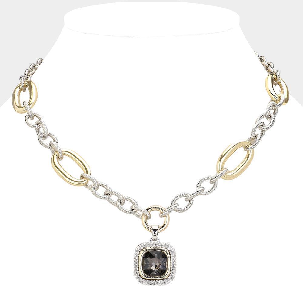 Black 14K Gold Plated Textured Two Tone Metal Link Square Stone Pointed Pendant Necklace - Jewelry Store by Erik Rayo