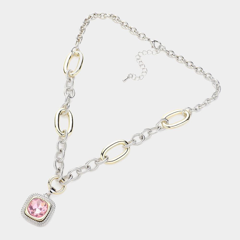 Pink 14K Gold Plated Textured Two Tone Metal Link Square Stone Pointed Pendant Necklace - Jewelry Store by Erik Rayo