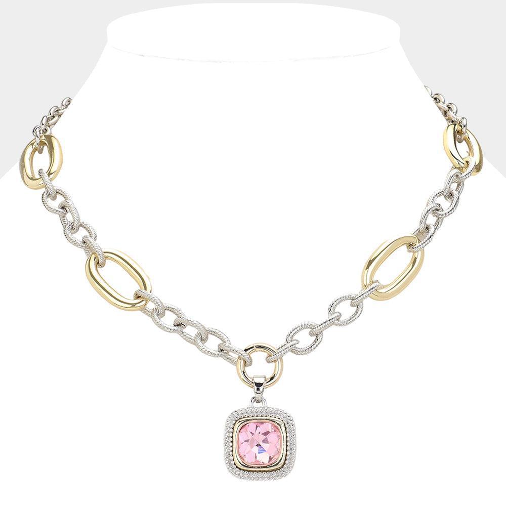 Pink 14K Gold Plated Textured Two Tone Metal Link Square Stone Pointed Pendant Necklace - Jewelry Store by Erik Rayo