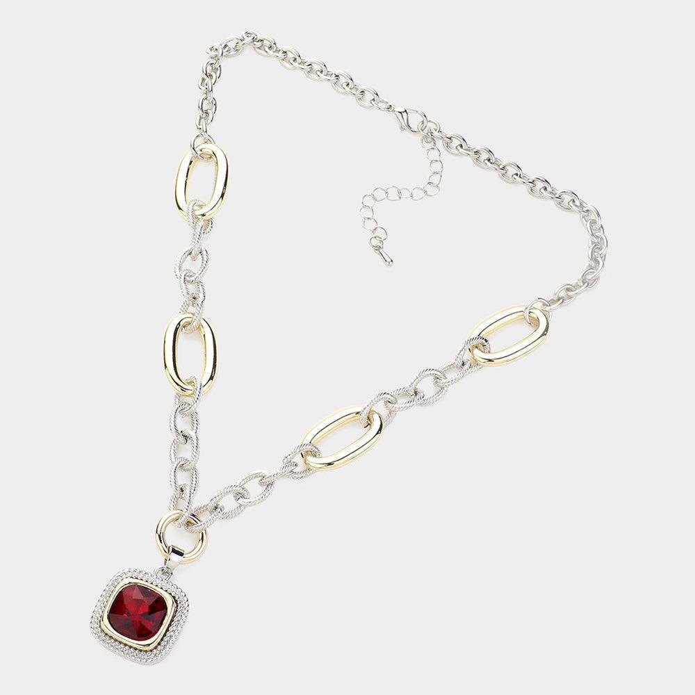 Gold 14K Gold Plated Textured Two Tone Metal Link Square Stone Pointed Pendant Necklace - Jewelry Store by Erik Rayo