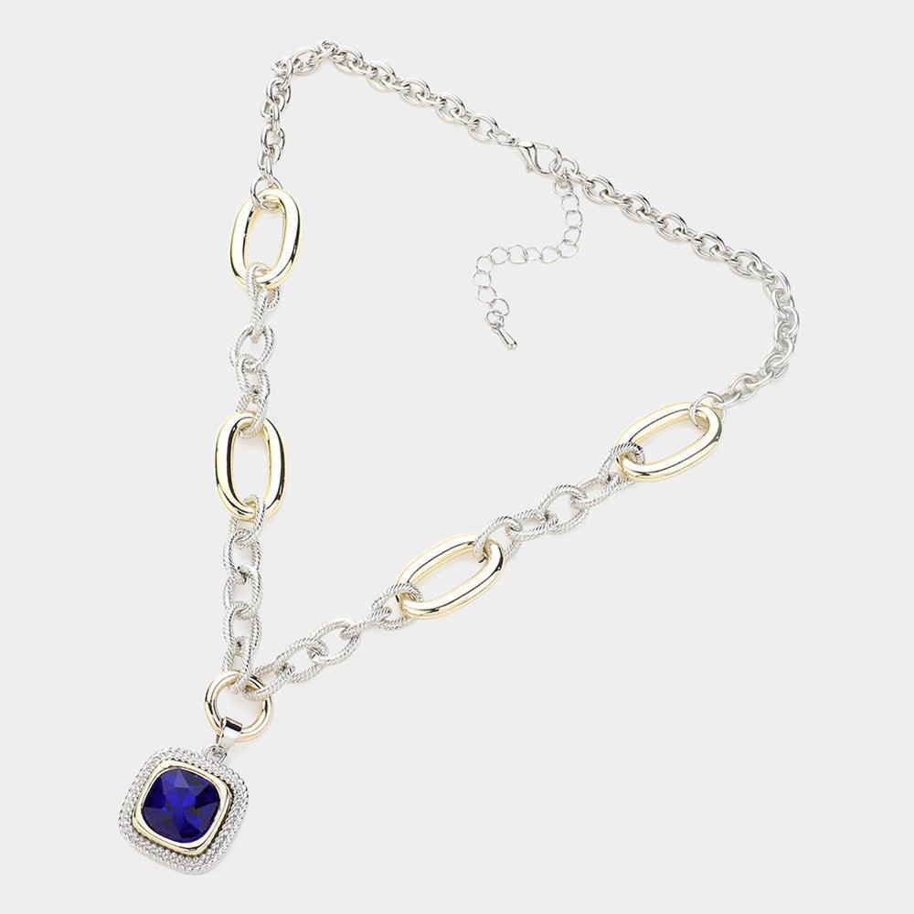 Gold 14K Gold Plated Textured Two Tone Metal Link Square Stone Pointed Pendant Necklace - Jewelry Store by Erik Rayo