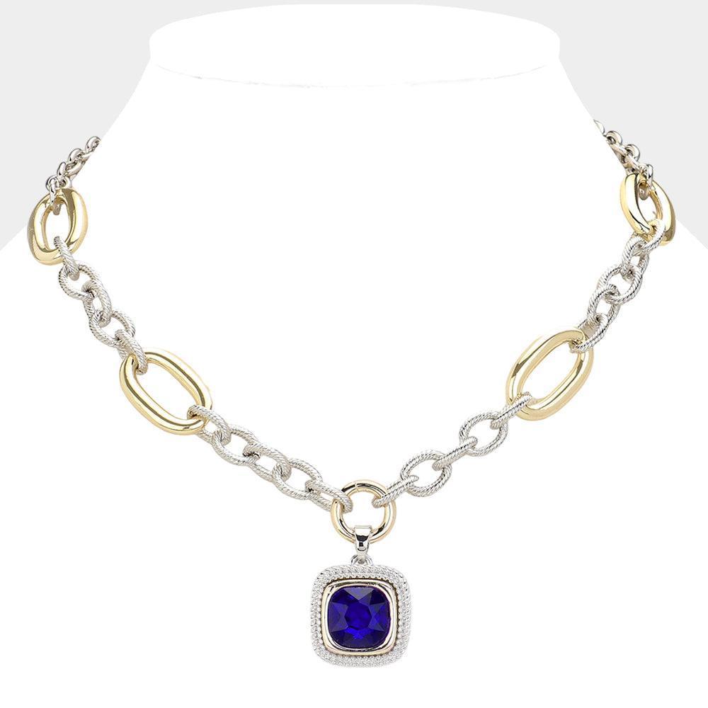 Gold 14K Gold Plated Textured Two Tone Metal Link Square Stone Pointed Pendant Necklace - Jewelry Store by Erik Rayo