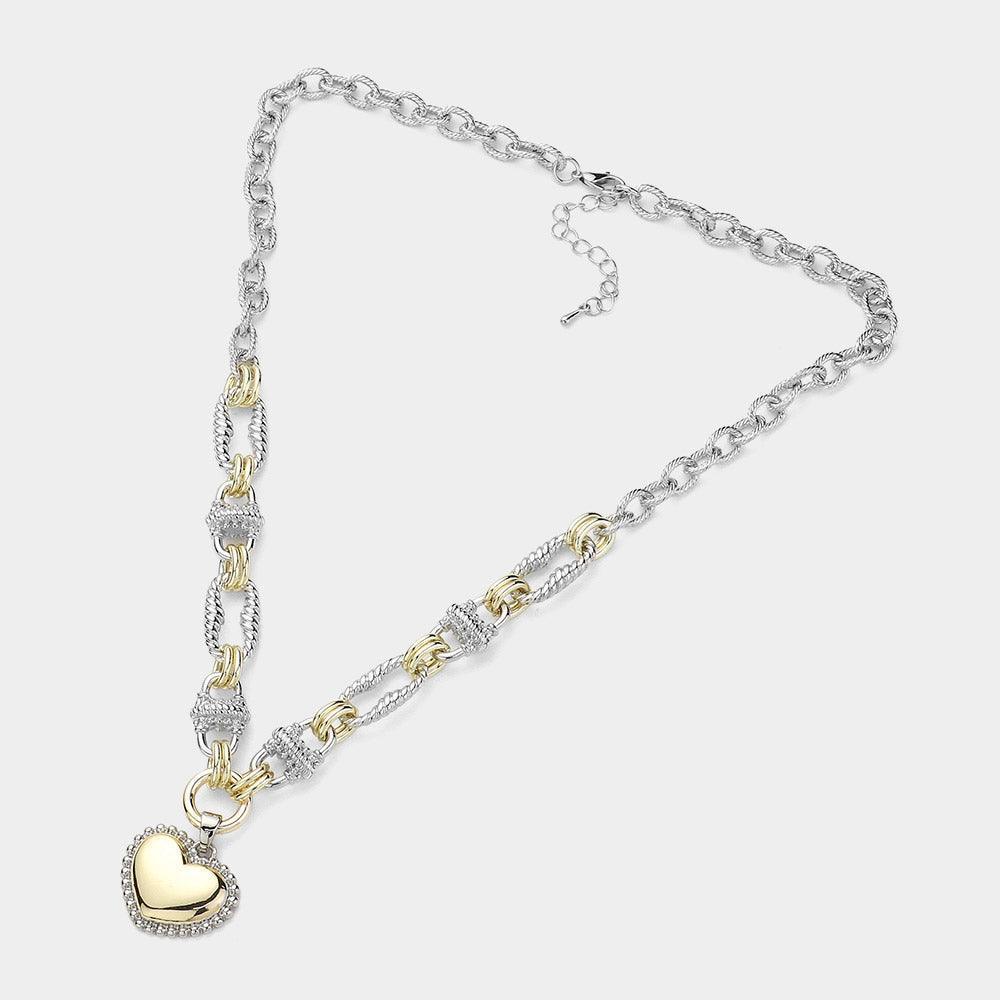 Two Tone Textured Metal Heart Pendant Necklace - Jewelry Store by Erik Rayo