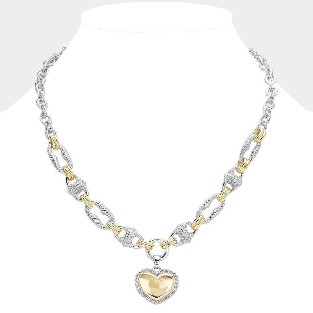 Two Tone Textured Metal Heart Pendant Necklace - Jewelry Store by Erik Rayo