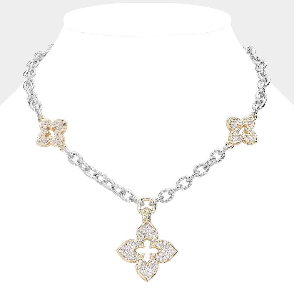 Gold 14K Gold Plated CZ Stone Paved Clover Pendant Station Necklace - Jewelry Store by Erik Rayo