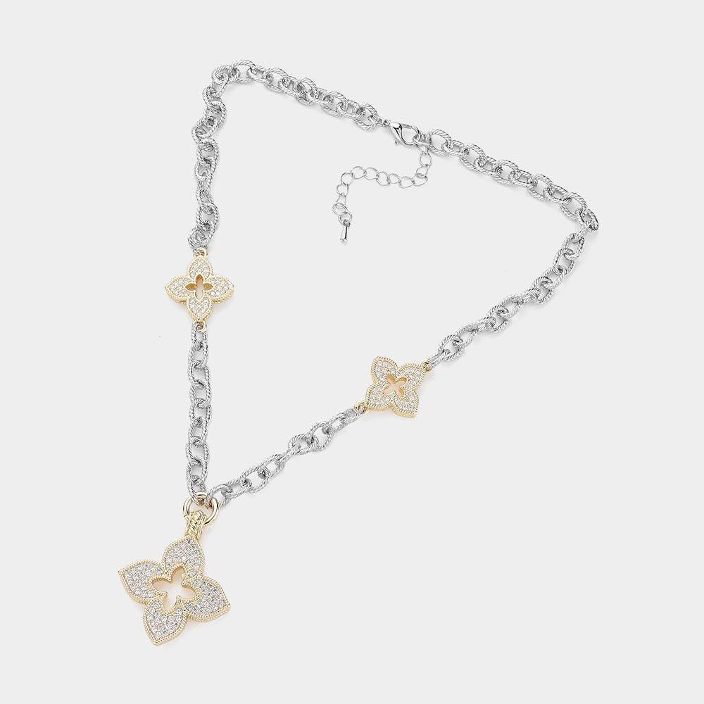 Gold 14K Gold Plated CZ Stone Paved Clover Pendant Station Necklace - Jewelry Store by Erik Rayo