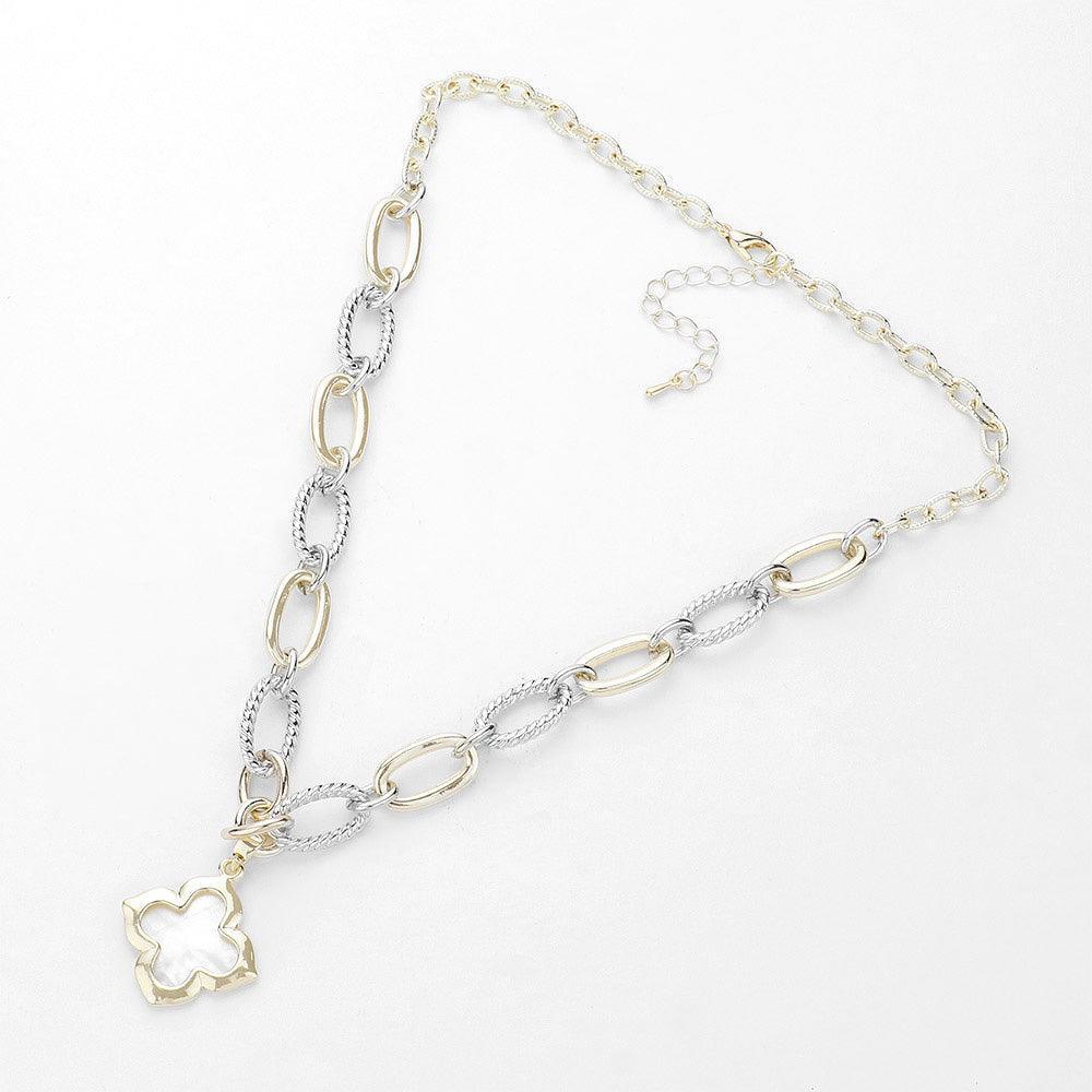 Gold 14K Gold Plated Two Tone Mother Of Pearl Quatrefoil Pendant Necklace - Jewelry Store by Erik Rayo